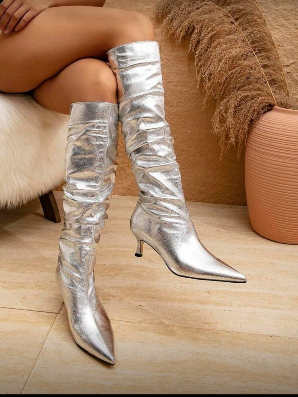 Metallic Silver Mid-Knee Slip -On Boots🩶
